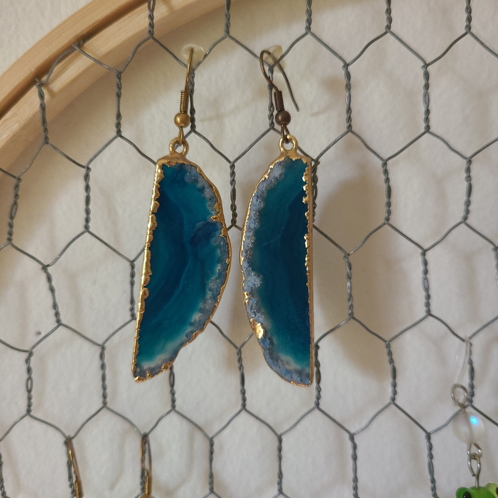 blue gold geode crystal earrings